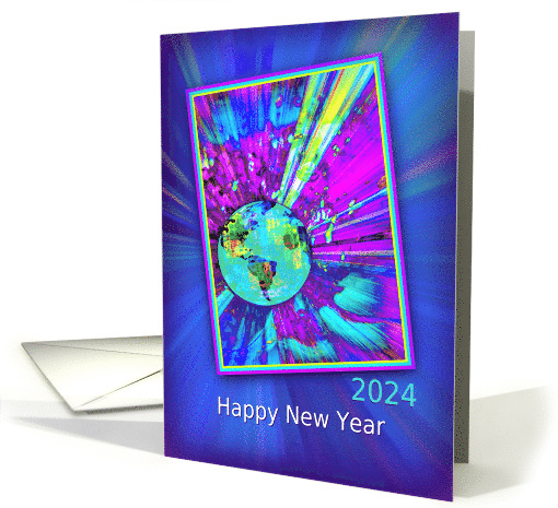 2024 Happy New Year Planet Earth with Light Rays Colorful Galaxy card
