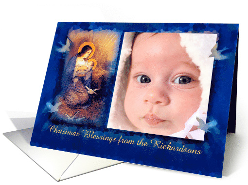 Christmas Nativity, Mary and Jesus in Manger with Doves for Photo card