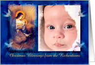 Christmas Nativity, Mary and Jesus in Manger with Doves for Photo card
