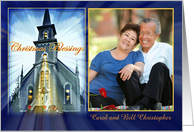 Christmas Blessings, Old Church with Light Rays, Photo Card