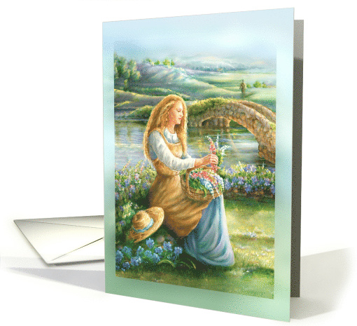 Woman with Basket of Flowers, Megan's Morning Original Art Blank card