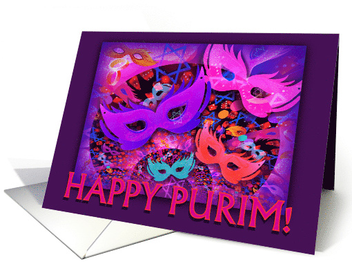 Happy Purim Jewish Stars with Masks Stars and Dice for Purim card