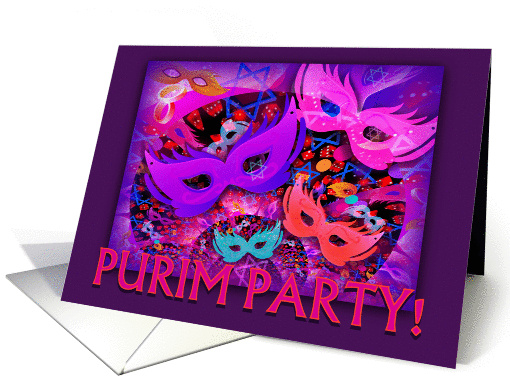 Purim Party Invitation, Purple Mask, Stars and Dice card (894413)