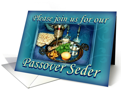 Passover Seder Invitation, Aqua Blue Seder Plate card (895753)