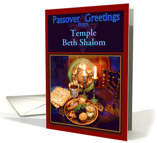 Custom Front for Passover Greetings, Seder Table in Red and Blue card