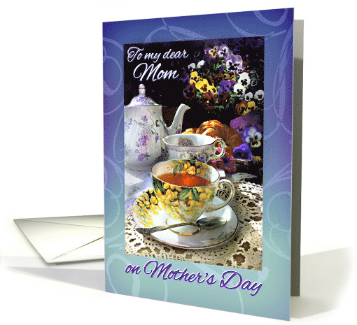 To Mom on Mother's Day, Pansies with Vintage Teacups and Teapot card