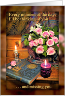 Missing You Still Life of Pink Roses Candles and Paradise Lost Book card