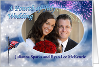 Wedding Invitation, Fourth of July Photo with Flag and Fireworks card