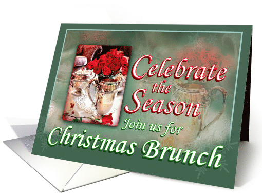 Christmas Brunch Luncheon Invitation Red Roses and Silver Pitcher card