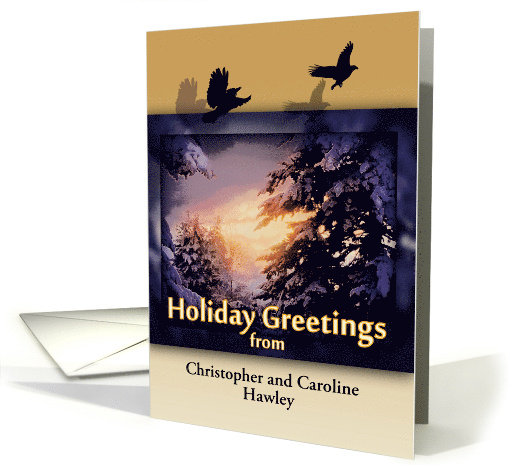 Holiday Greetings Snowy Christmas Sunset with Custom Front card