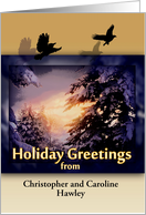 Holiday Greetings Snowy Christmas Sunset with Custom Front card
