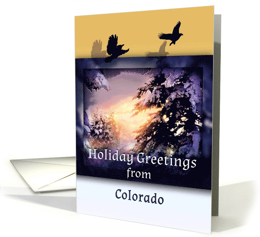 Holiday Greetings from Colorado with Snowy Christmas Sunset card