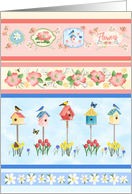 A Spring birthday sprung with a floral stripe of birds & butterflies card
