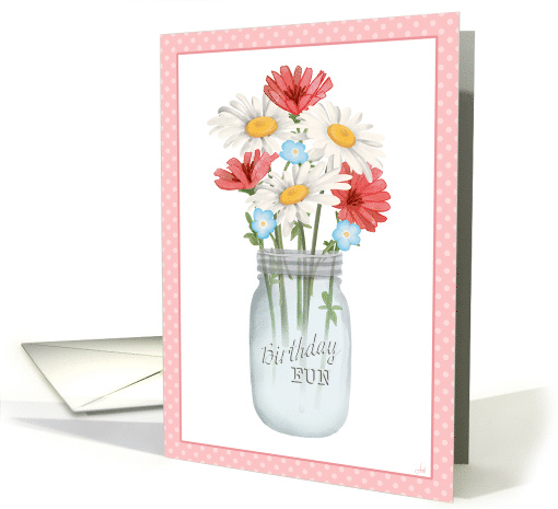 Vintage blue mason jar filled with beautiful birthday flowers card
