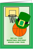 Happy Birthday to a March Basketball Fan! - Basketball, Hoop & Leprechaun Hat card