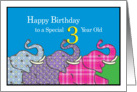 3 cute and cuddly elephants say Happy Third Birthday card