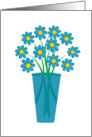 Bouquet of blue flowers in blue vase, blank inside card