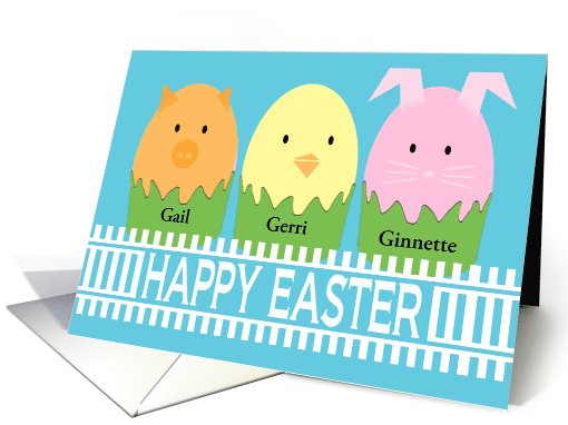 Happy Easter eggs decorated as cute animals - custom names card