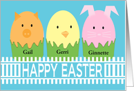 Happy Easter eggs decorated as cute animals - custom names card