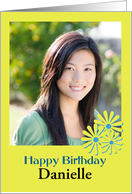 Happy Birthday photo card with yellow daisies to customize name card