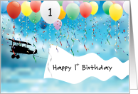 First Birthday with airplane and balloons card