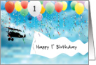 First Birthday with airplane and balloons card