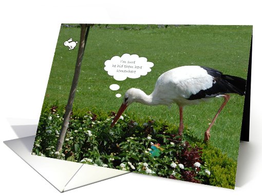 Stork hunting for Easter eggs; bunny runs card (776342)