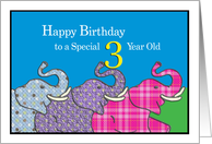 3 cute and cuddly elephants say Happy Third Birthday card