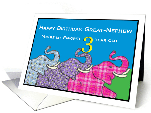 Three cuddly elephants wishing Happy Third Birthday Great-Nephew card