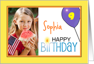Happy 9th Birthday candle and balloon photo card