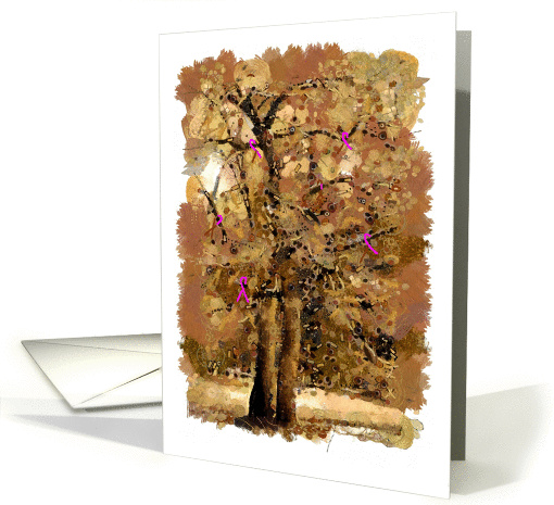 Breast cancer ribbons signal faith and hope on a stylized tree card