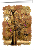 Breast cancer ribbons signal faith and hope on a stylized tree card