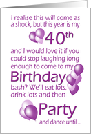 40th Birthday Party Invitation with Humorous Wordplay card