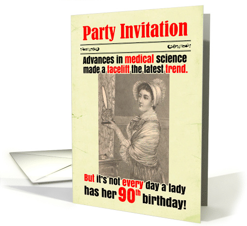 90th Funny Birthday Party Invitation Facelift Victorian card (1816456)