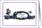 Happy Ostara Purple Flowers with a Dressed Up Bunny and Butterfly card