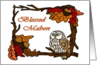 Pagan Blessed Mabon in a frame of branches, leaves and an Owl card