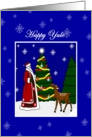 Happy Yule Santa decorating Tree with Deer and Snowflakes card