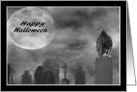 Happy Halloween Black and White Graveyard, Moon and Vulture card