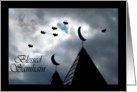 Blessed Samhain Nighttime Rooftops, Moon and Bats card