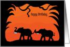 Happy Birthday, Silhouetted Elephants on Orange and Black Background card