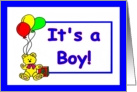 It’s a Boy Baby Announcement with Teddy Bear, Balloons and Block card