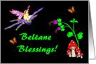 Beltane Blessings Faerie on a Dragonfly with mushroom and Butterflies card
