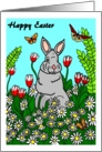 Happy Easter Bunny with Spring Flowers and Butterflies card