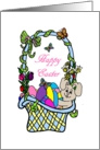 Happy Easter Bunny in a basket with eggs card