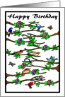 Happy Birthday Song Birds in Tree with Flowers and Butterflies card