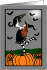 Little Samhain Witch with Cat on Pumpkins card