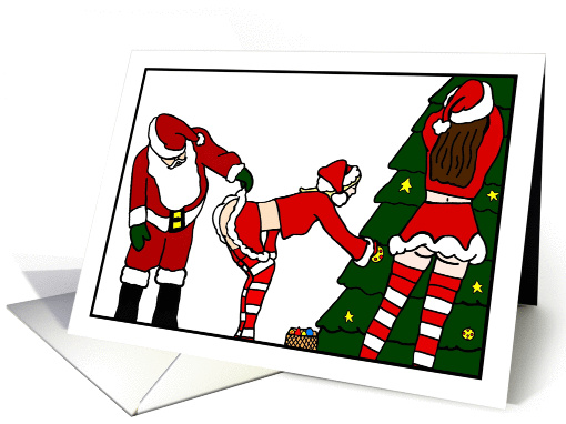 Naughty Christmas Santa Peeking Under Lady Elf's Skirt card (1024075)