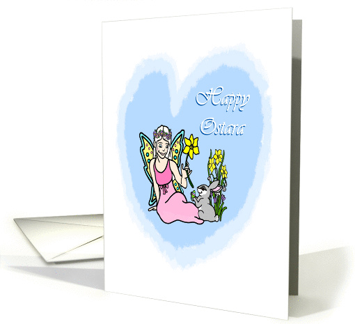 Happy Ostara Faerie and Bunny with painted Egg and Flowers card