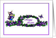 Happy Easter Purple Flowers with a Dressed Up Bunny and Butterfly card