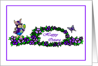 Happy Ostara Purple Flowers with a Dressed Up Bunny and Butterfly card